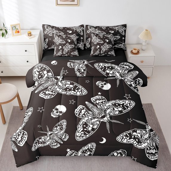 Butterfly Bedding King Size 7Pcs,Skull Star Moon Printed Comforter Set,Gothic Vintage Chic Lightweight Teens Bedding Comforter Sets,Black White Animals Bed Sheets Set Bed in a Bag