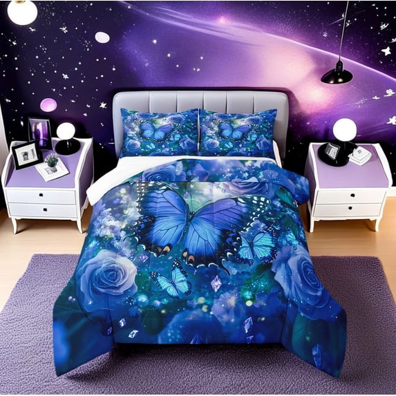 Butterfly Bedding Set Blue Flowers Full Comforter Sets,Bohemian Glitter Starry Down Comforter Botanical Leaves Quilt Set