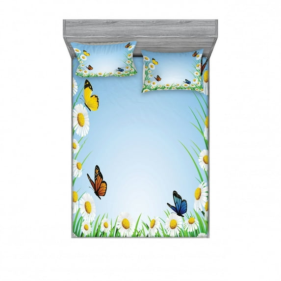 Butterfly Bedding Set with Sheet & Covers, Daisies with Butterflies on Scenic Sky Chamomiles Animal Nature Happiness Art, Printed Bedroom Decor 2 Shams, 4 Sizes, Multicolor, by Ambesonne