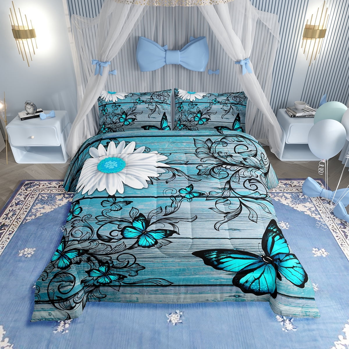 Butterfly Bedding Sets Teens Women Bedroom Rustic Flower Comforter Set King Size,Blue Butterflies White Chic Floral Duvet Set Retro Vintage Romantic Style Quilt Set Soft Lightweight
