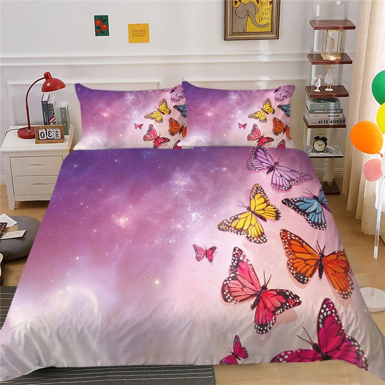 Butterfly Bedding Twin Full Queen King Size,Rainbow Set for Girls Kids