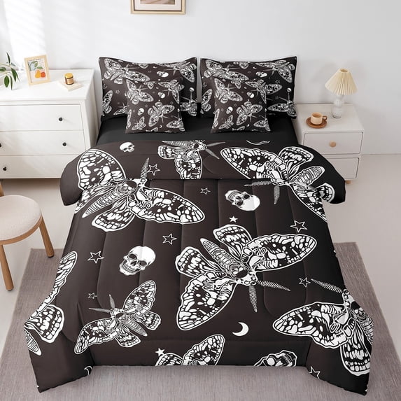 Butterfly Bedding Twin Size 7Pcs Bed in a Bag,Skull Star Moon Printed Comforter Set,Gothic Vintage Chic Lightweight Teens Bedding Comforter Sets,Black White Animals Bed Sheets Set