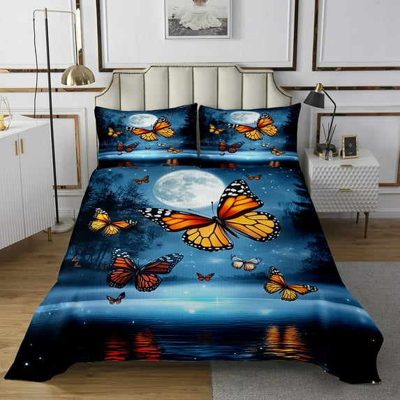 Butterfly Bedspread Blue Galaxy Quilt Set Twin Size Rustic Farm Butterfly Coverlet Set Starry Sky Romantic Themed Bed Set Dreamy Butterfly Bedding Teen