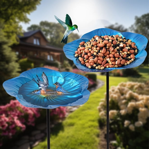 Butterfly Bee Bath Bowl,Bird Feeder,Bee Watering Station with Flower Design,Handmade Metal Flower Garden Stakes Bird Bath for Outdoor,Bee Water Feeder for Outdoor Garden Yard Decor,25.5Inch Blue