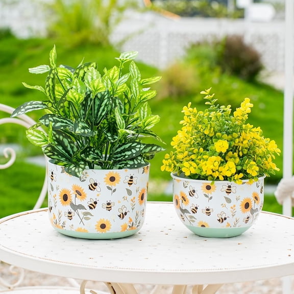 Butterfly & Bee Metal Planters Set of 2 – Decorative Flower Pots with Colorful Garden Prints, Outdoor & Indoor Use Cute Spring Floral Design for Patio, Balcony, Home Decor