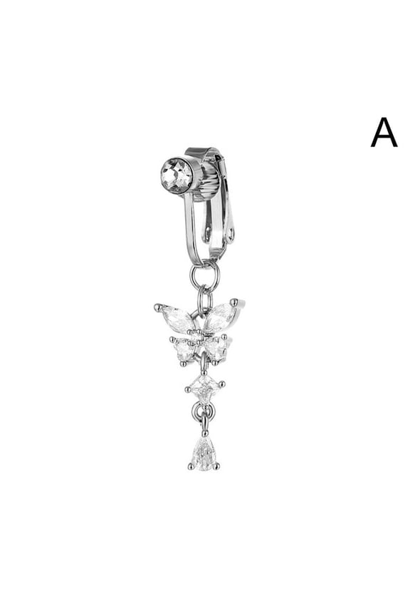 Butterfly Belly Piercing - Dangle Fake Button Jewelry for Women, Stainless Steel Clip-On (1pcs, Gold)