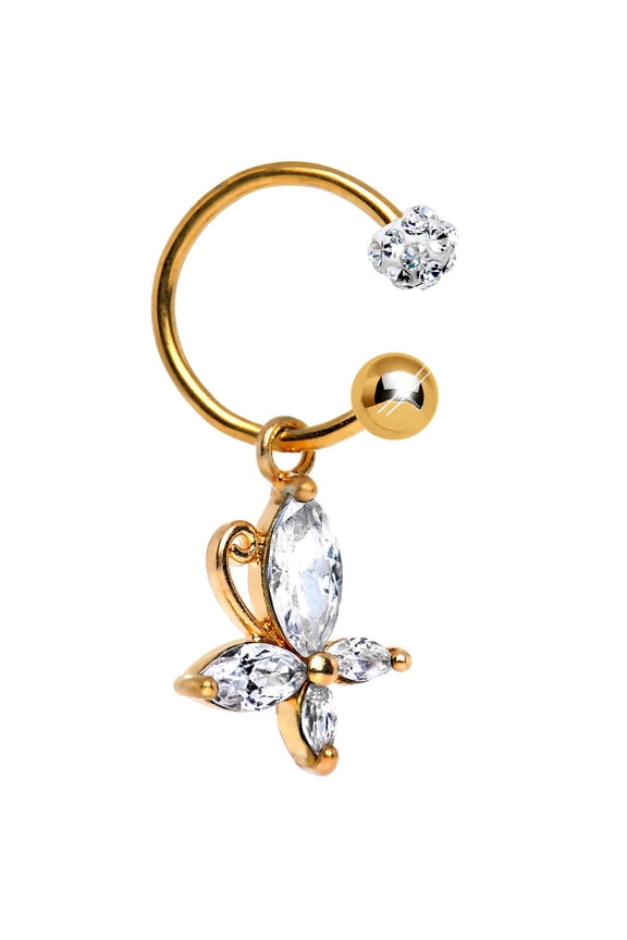 Butterfly Belly Ring - 16ga Freido Gold I.P. Dangle with Clear CZ Gems