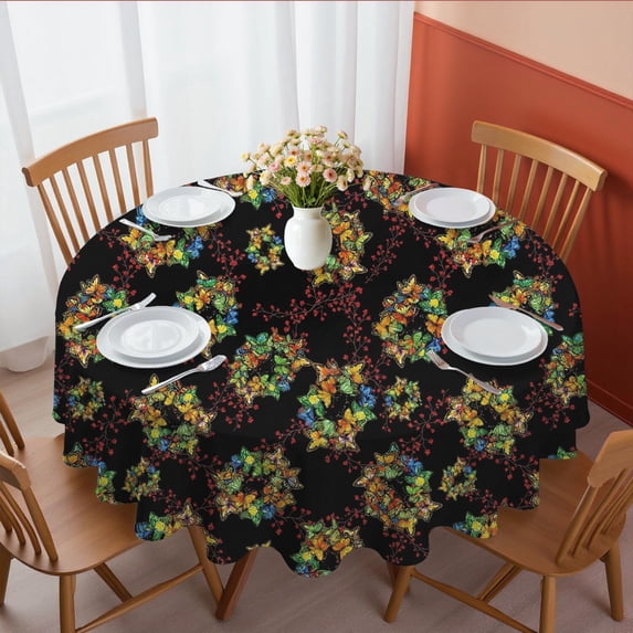 Butterfly and Berry Multicolor Pattern Round Tablecloth 70"x70", Wrinkle Resistant Wipeable Table Cover for Kitchen Dining Room Picnic Patio and Party