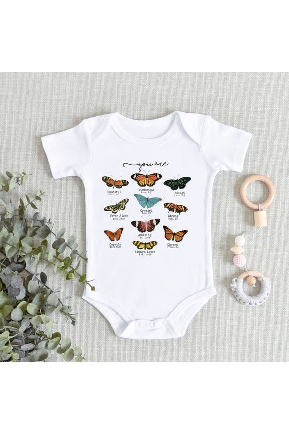 Butterfly Bible Verse Baby Bodysuit, God Says You Are Verses Baptism Gift Baby, Religious Keepsake Baby Girl Christening Cute Baby Onesie, BABY BODYSUIT LAT 4424