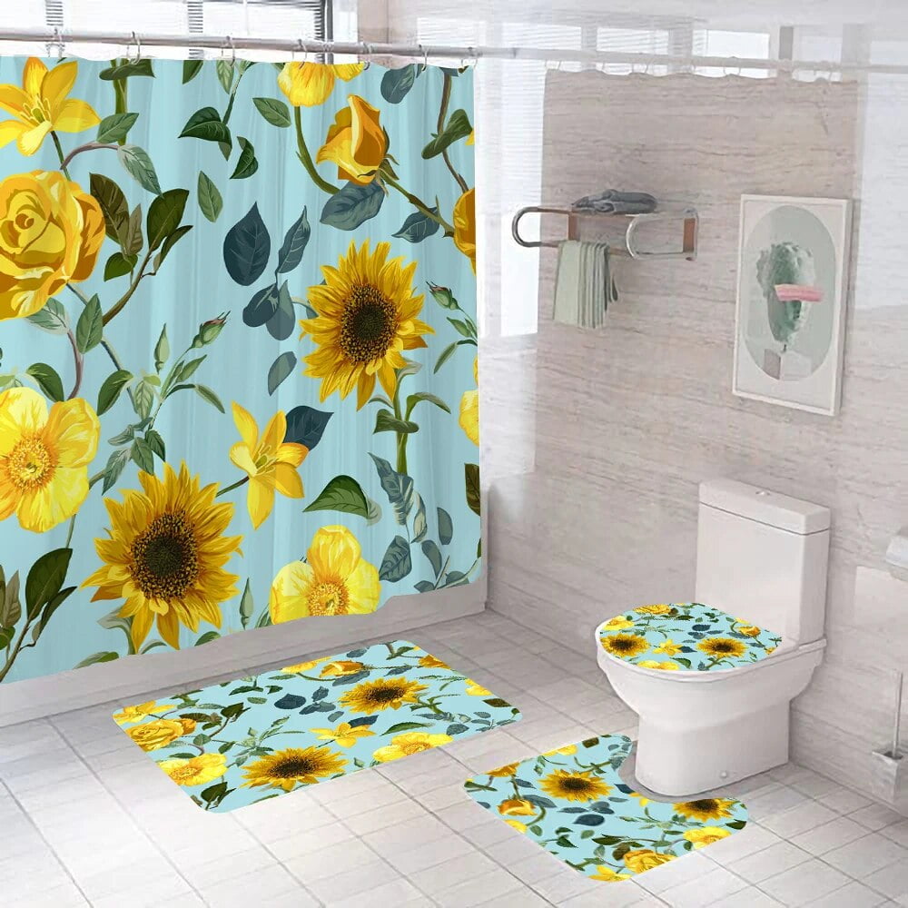 Butterfly Big Flower Blue Watercolor Broken Bathroom Shower Curtain Set
