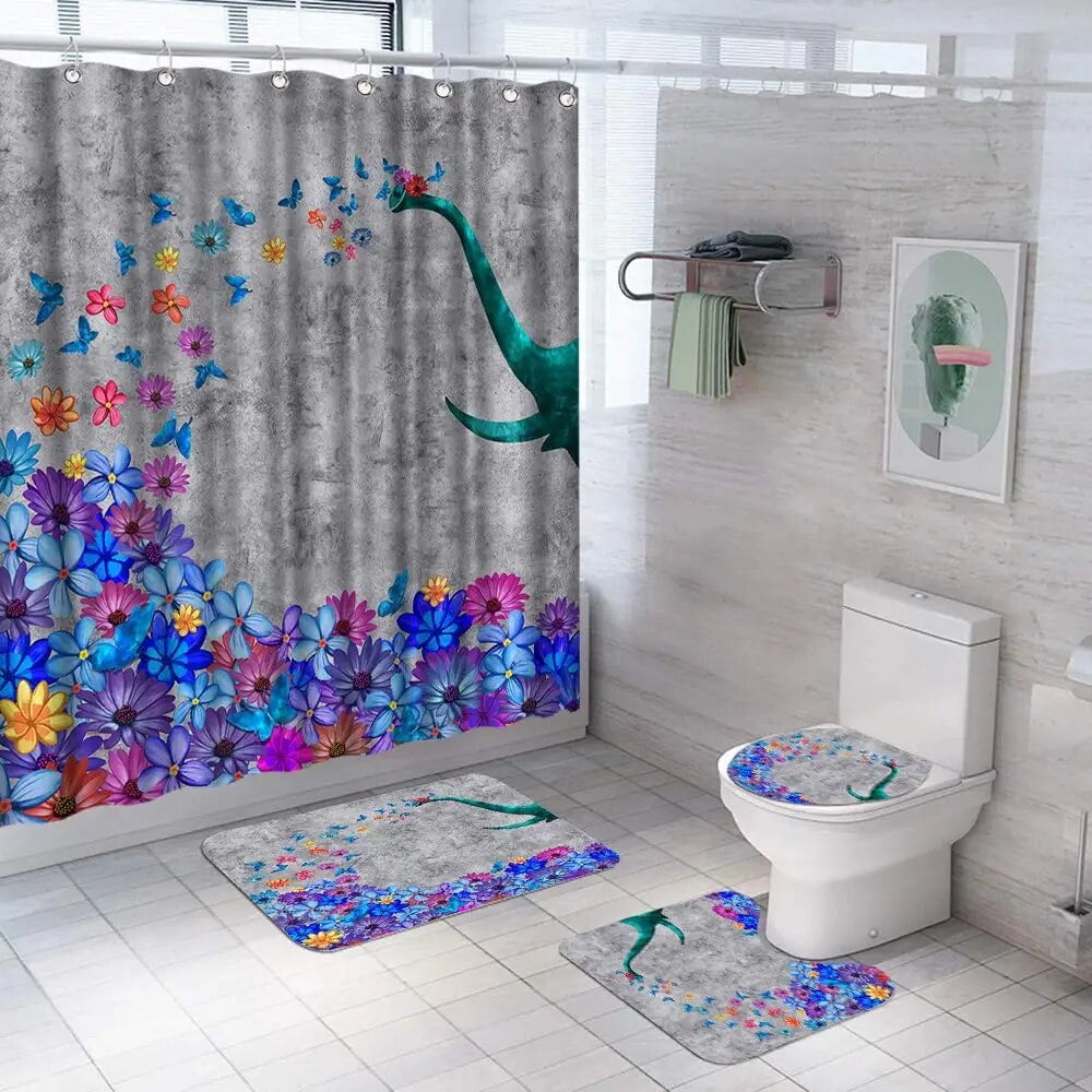 Butterfly Big Flower Blue Watercolor Flower Broken Flower Bathroom Shower Curtain Set Bath Mats ...