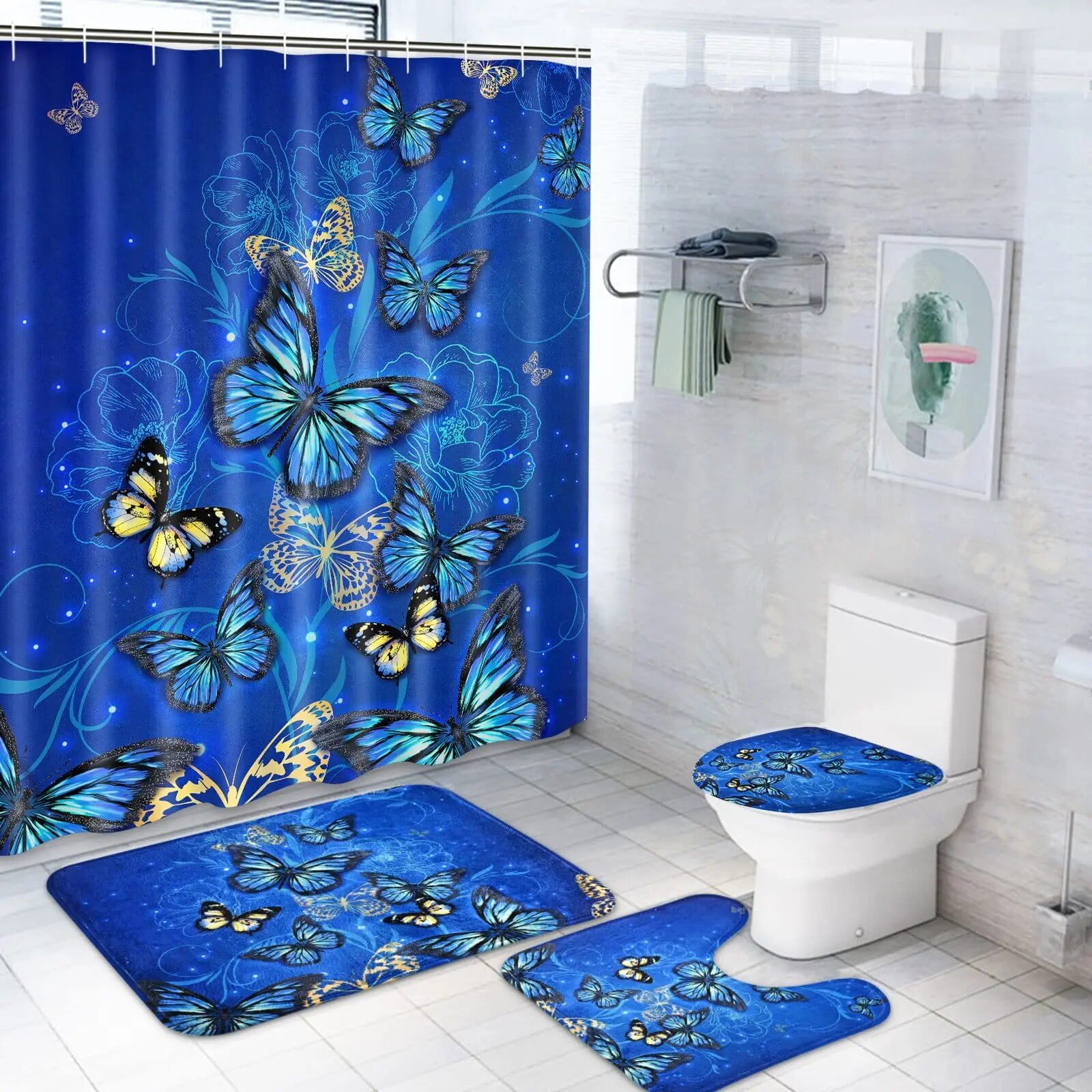 Butterfly Big Flower Blue Watercolor Flower Broken Flower Bathroom Shower Curtain Set Bath Mats ...