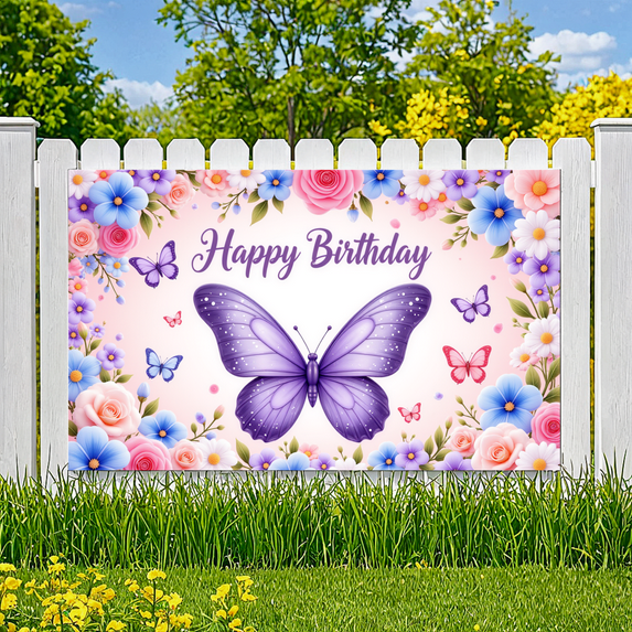 Butterfly Birthday Banner Flower Pattern Background for Birthday Celebration Kids Party Decoration
