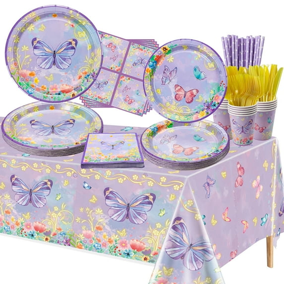Butterfly Birthday Decorations - 166 Pcs Purple Butterfly Party Decorations Butterfly Plates, Napkins, Cups, Tablecloth and Straws for Butterfly Birthday Party Supplies, Serve 20