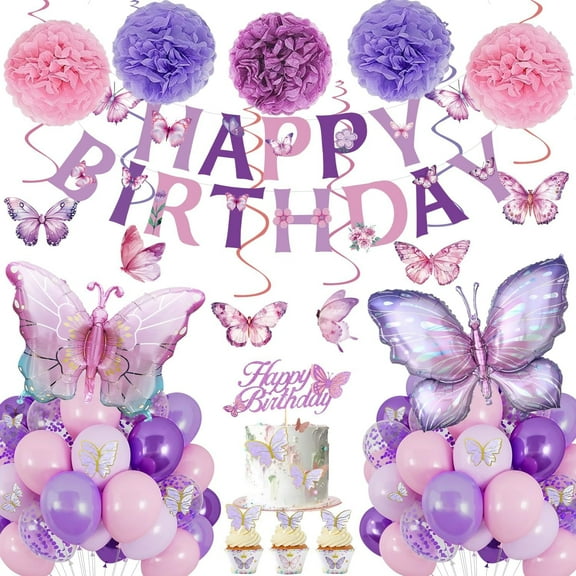 Butterfly Birthday Decorations for Girls, Birthday Balloons for Women, Pink and Purple Butterfly Balloons with Butterfly Hanging Swirls Birthday Party Decorations