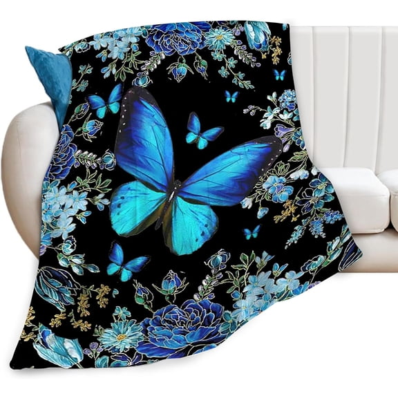 Butterfly Blanket Blue Butterflies Decor Throw Blanket Super Warm Soft Plush Fleece Flannel Beautiful Butterfly Flowers Blanket Gifts for Girls Boys Winter Couch Bedding for Baby Kids Women 50"X60"