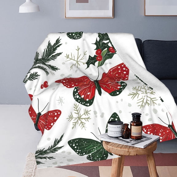 Butterfly Blanket Christmas Holiday Winter Red Green Holly Berry Soft Fleece Throw50x40