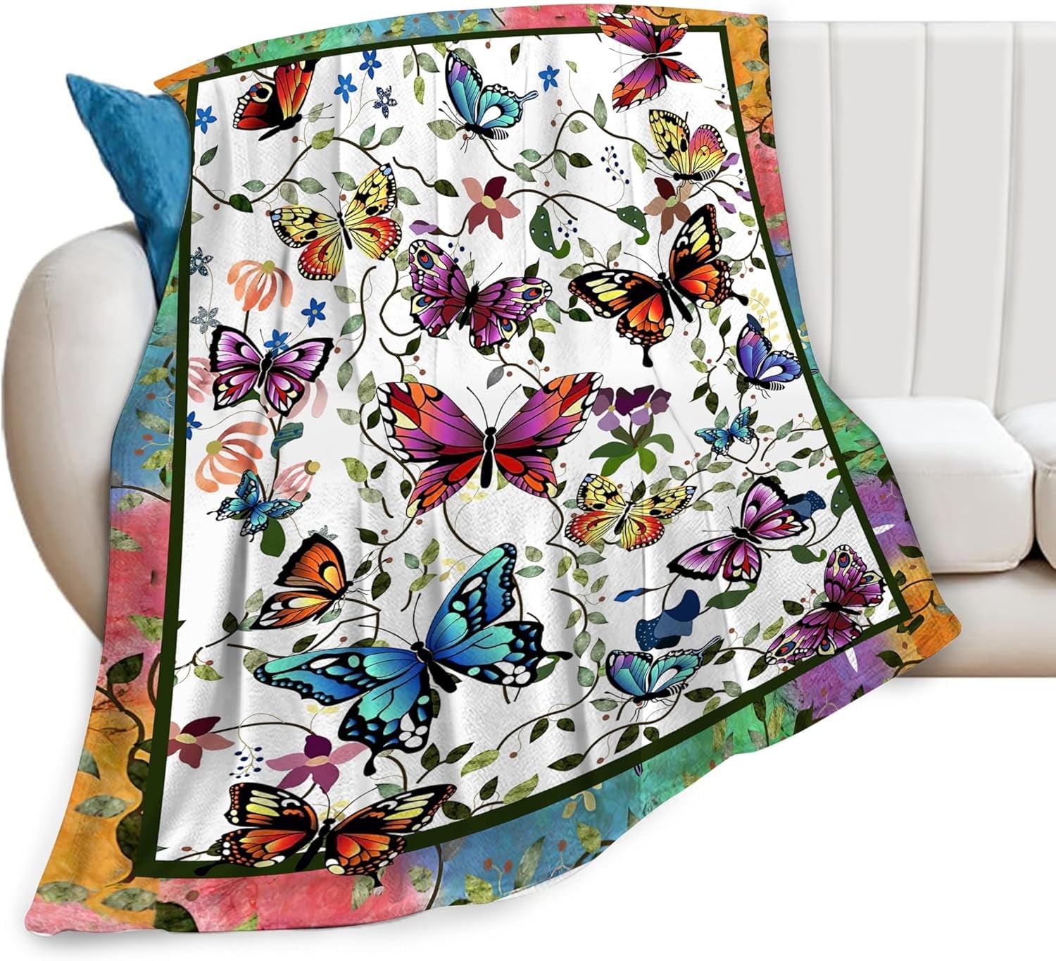 Butterfly Blanket Colorful Butterflies Throws Flowers Print Plush Fuzzy Florals Fleece Blankets Gifts for Girls Boys Super Soft Warm Cozy Stuffed Animal for Kids Men Women Bed Sofa 50"x40"