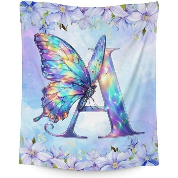 Butterfly Blanket for Girls, Monogram Blanket,50 x 40 Inches Initial Letter Throw for Kids, Warm Flannel Throw for Bed, Chair Sofa Travel Camping