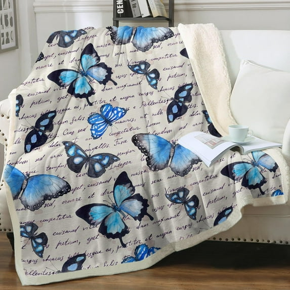 Butterfly Blankets Fuzzy Throws Vintage Blue Butterflies Throw Blanket for Adults Women Teen Girls Retro Sherpa Fleece Plush Blanket for Bed Couch Sofa (50"x60")
