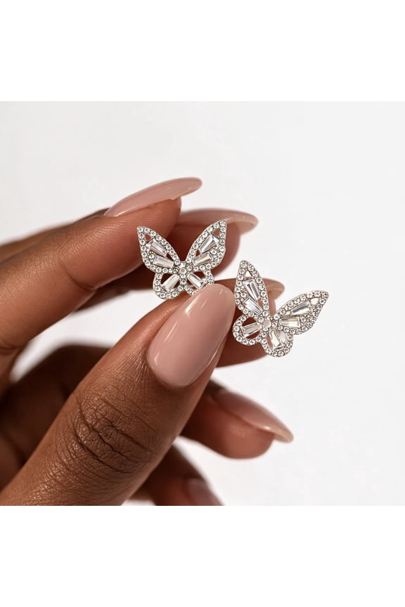 Stud Butterfly Bling Earrings, Stainless Steel, Includes Jewelry Pouch, 2 Count