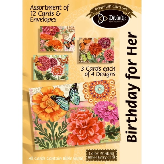 Boxed Cards: Birthday For Her, Butterfly Blooms Scripture - KJV