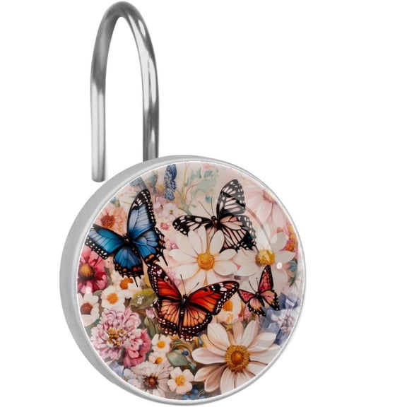 Butterfly on Blossom Chrysanthemum Daisy Shower Curtain Hooks Round Crystal Glass, Set of 12 Shower Curtain Rings - Shower Hooks for Curtain Shower Rings