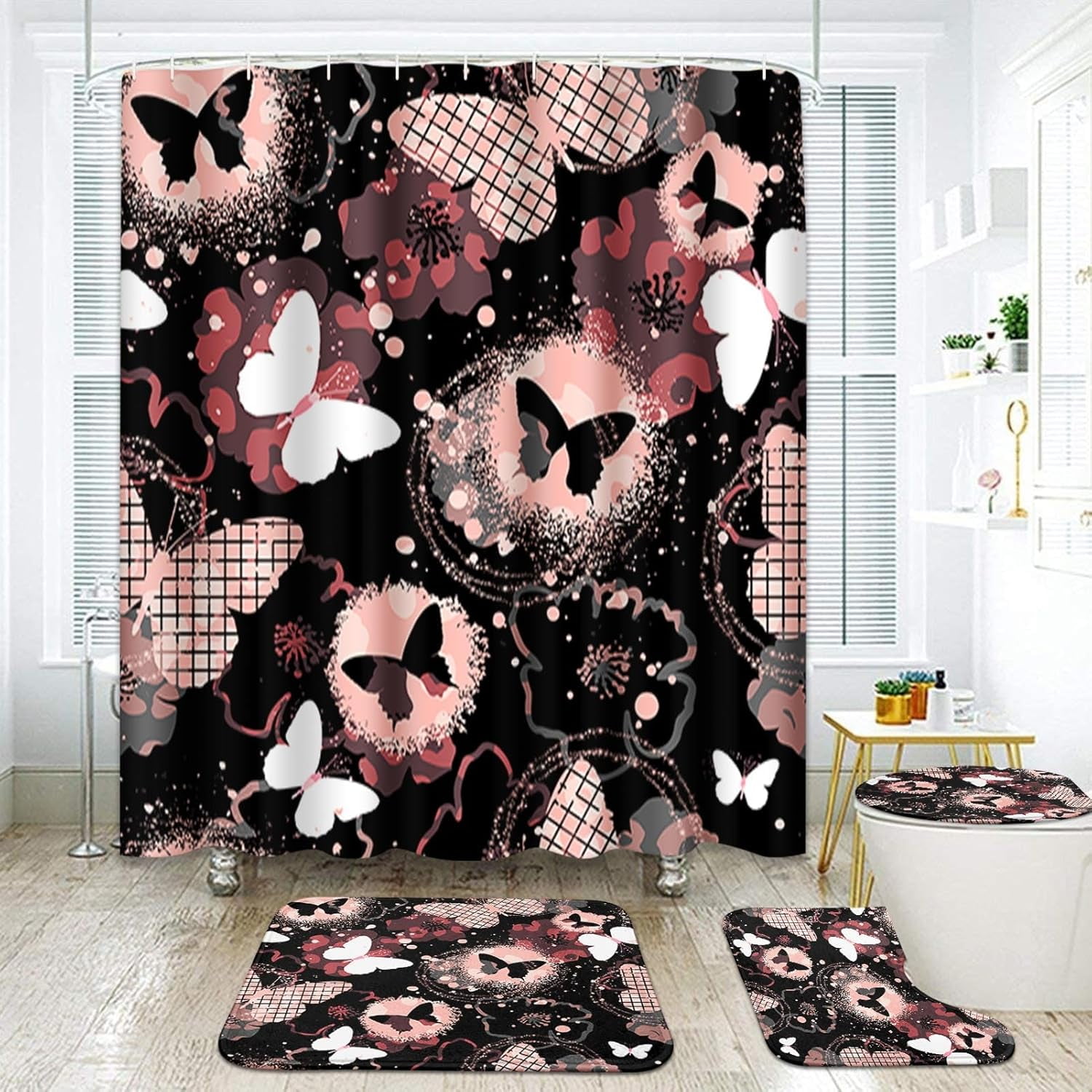 Butterfly Blue Bathroom Set with Shower Curtain and Rugs and ...