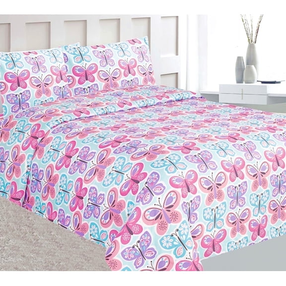 Gorgeous Home Linen Butterfly Blue 4Pc Full Printed Pattern Microfiber Bedding Sheet Set Flat sheet, Fitted sheet, and 2 Pillowcases
