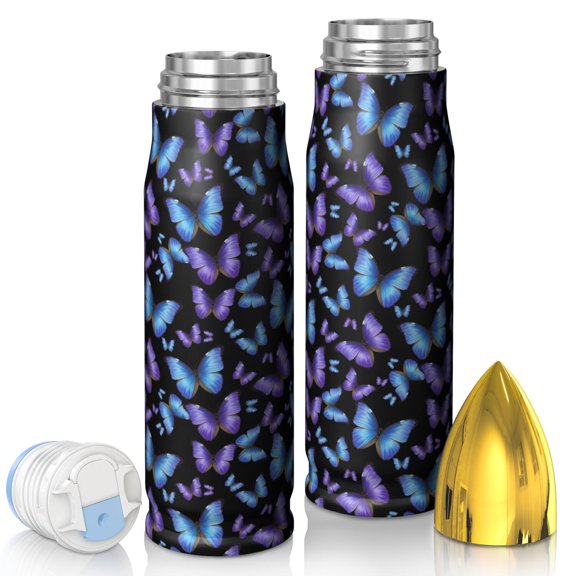 Butterfly and Blue Purple Black Pattern Bullet Tumbler, Vacuum Insulated Vacuum Bullet Drinkware 360° Seamless Print Gifts Ideas for Home Office Outdoor Sports Car