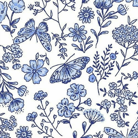 Butterfly Blues Floral White Cotton Fabric (1 yard)