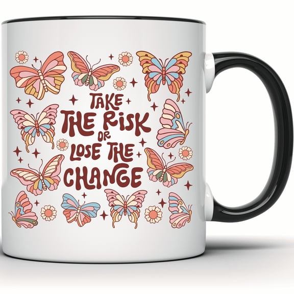 Butterfly Boho Coffee Mug - Take The Risk Retro Flower Design - Cute Inspirational Gift Mug - 11 Ounce Black Rim Handle Novelty Coffee Cup - WMUG1519-BLK