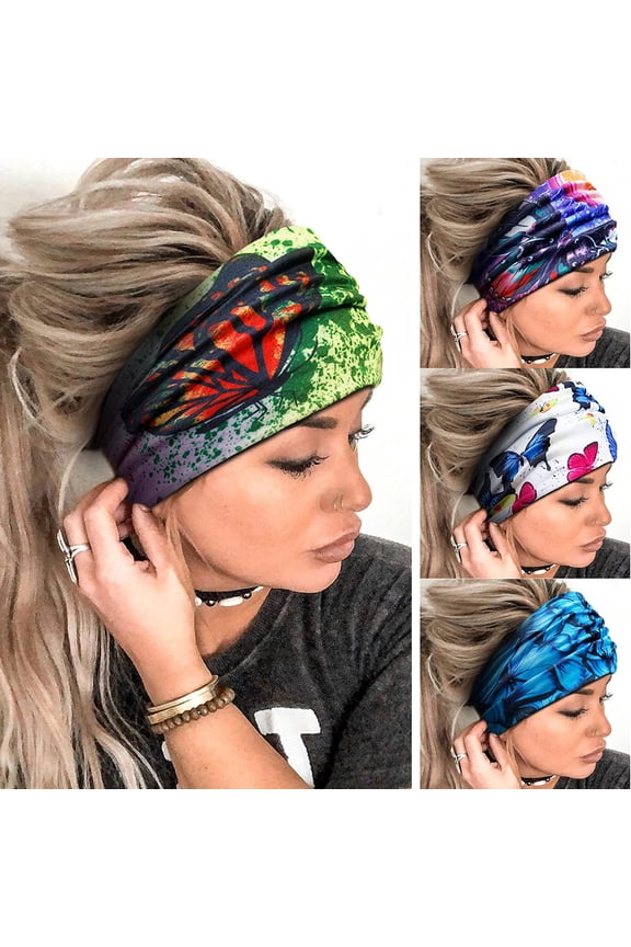 Butterfly Boho Headbands for Women Wide Headband Printed Head Wraps Thick Hairbands Large African Sport Yoga Turban Hair Bands Accessories (Pack of 4)