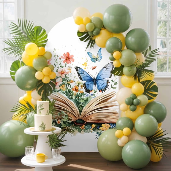Butterfly Book Arch Backdrop Cover, 4FT, Spring Florals Spandex Arch Covers Double-Sided Backdrop for Wedding Birthday Party Photo Background Decoration