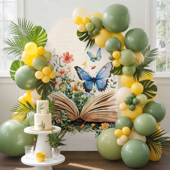 Butterfly Book Arch Backdrop Cover, 4FT, Spring Florals Spandex Arch Covers Double-Sided Backdrop for Wedding Birthday Party Photo Background Decoration