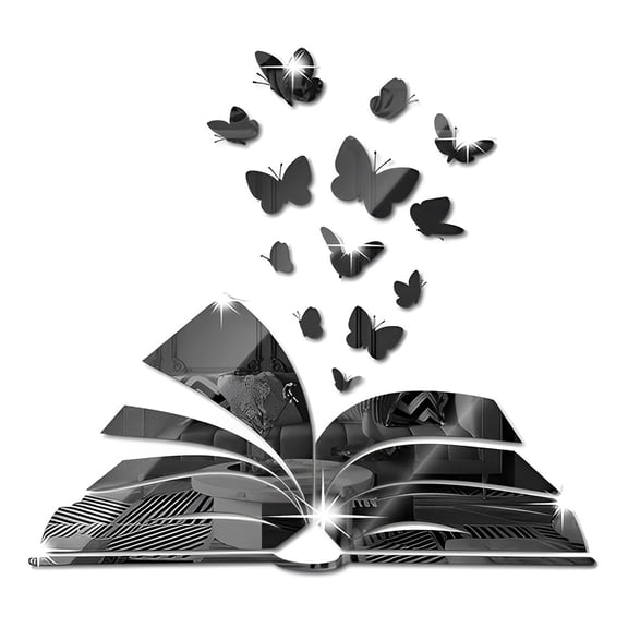 Butterfly Book Mirror Wall Stickers Opened Book Mirror Decals DIY Plastic Mirror Tiles Self-Adhesive Mirror Wall Decors for Home Study Room Library Reading Corner Background Wall Decoration Black