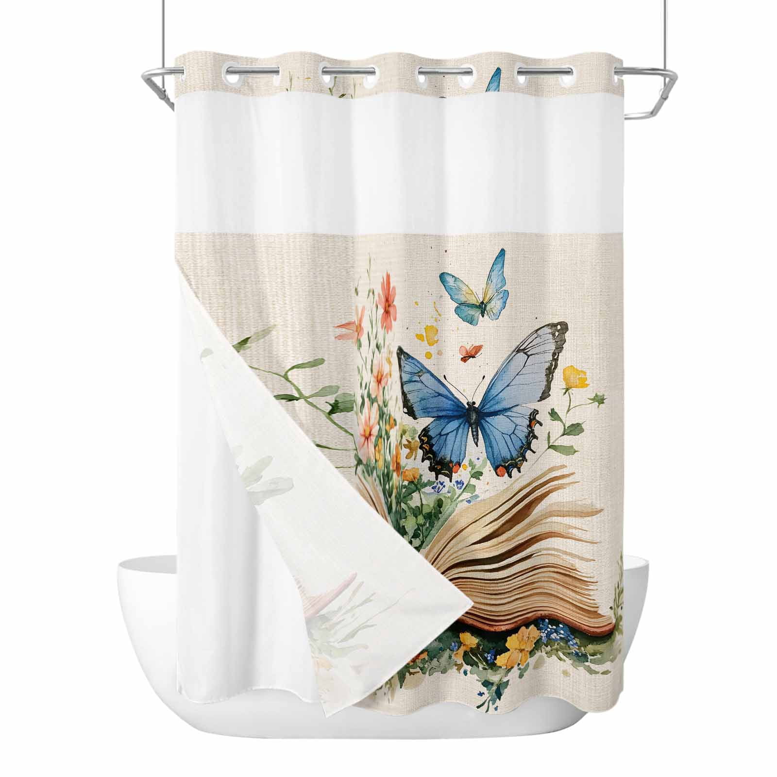 Butterfly Book No Hooks Shower Curtain with Snap-in Liner Spring ...