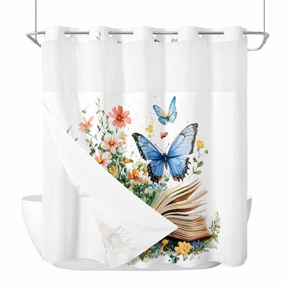 Butterfly Book No Hooks Shower Curtain with Snap-in Liner Spring Flowers Shower Curtains for Bathroom, Waterproof, Easy Install, Washable 66"x72"