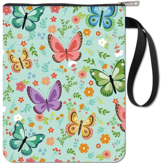 Butterfly Book Sleeve Flower Book Covers Protectorfor Washable Fabric Cloth Pouch Case Bag with Zipper and Extra Sleeve Pocket