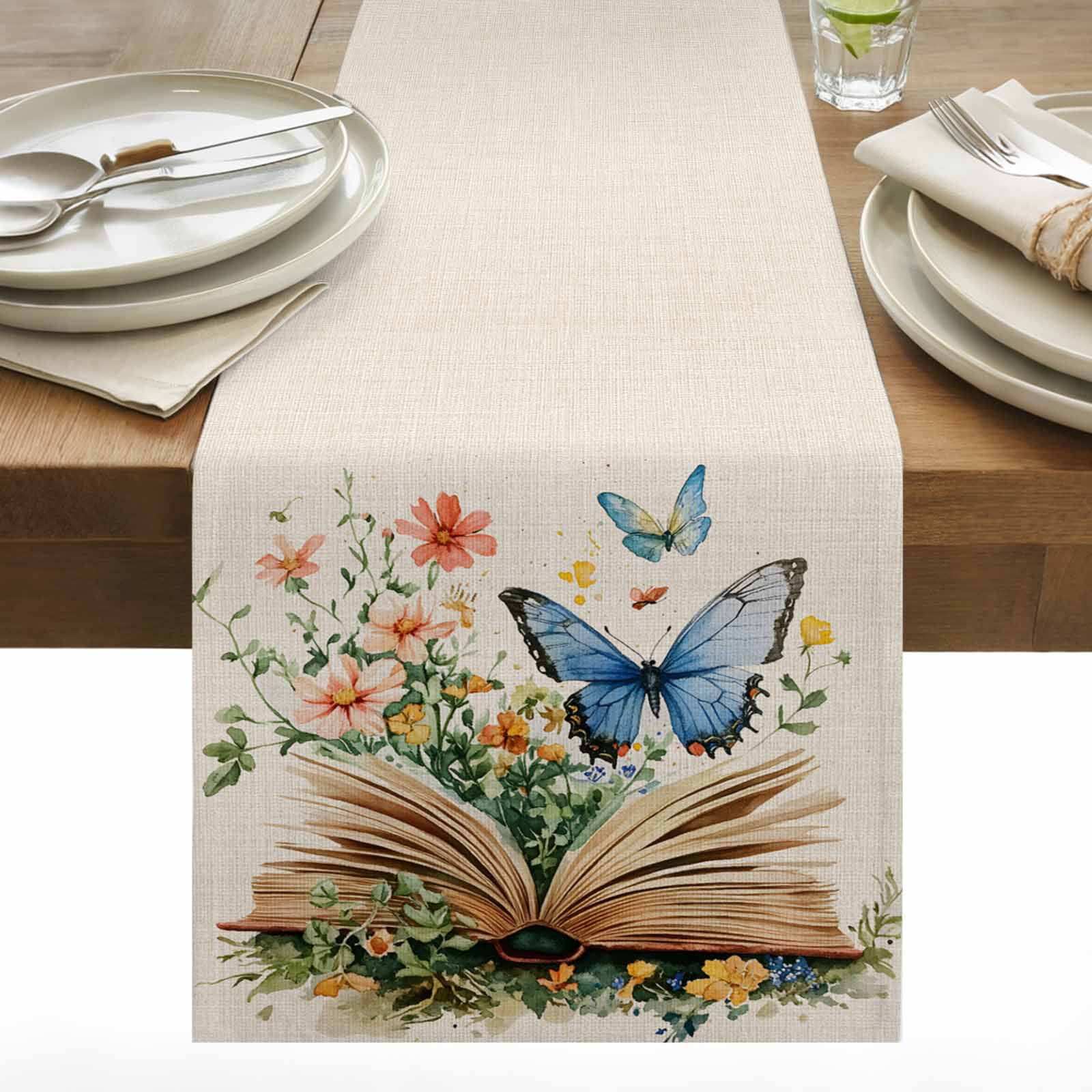 Butterfly Book Table Runner 13x90 inch Spring Flowers Cotton Linen Dining Table Runner Ideal for Dresser Kitchen Coffee Tables - Machine Washable