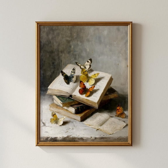 Butterfly And Books Wall Art, Vintage Still Life With Butterflies Resting On Open Books, Whimsical Literary Home Decor #1144, Unframed Poster Size 12x18