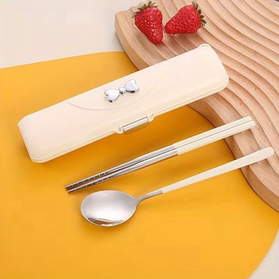 Butterfly Bow Portable Cutlery Set - 2-in-1 Stainless Steel Flatware with Plastic Handles, Includes Spoon, Fork, Chopsticks & Storage Box for Travel, Lunch, Picnic, Camping, Office