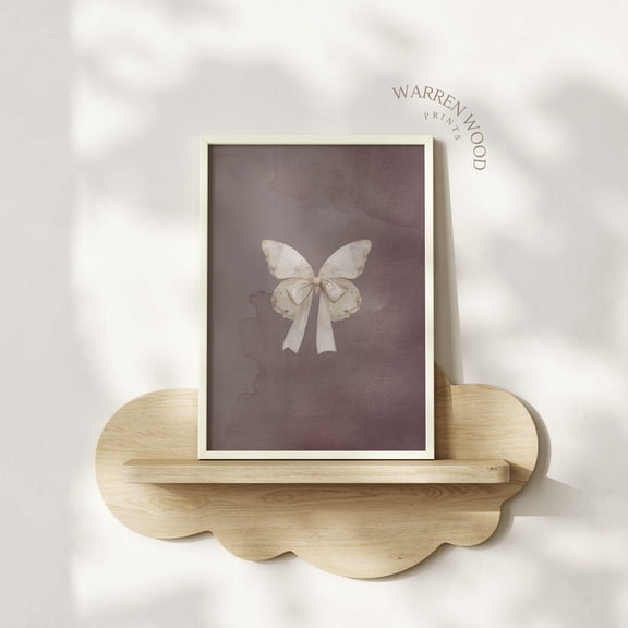 Butterfly And Bow Print, Dusty Pink Wall Art, Neutral Vintage Nursery Decor, Beige Illustration, Rustic Soft Girl Aesthetic Home Decor #1652, Stretched Canvas Size 8x12