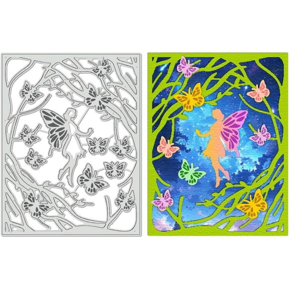 Butterfly Branches Background Carbon Steel Cutting Dies 5.9x4.5 inch Fairy Frame Template for Making Photo Decorative Paper Scrapbooking 0.08cm Thick Gray DIY