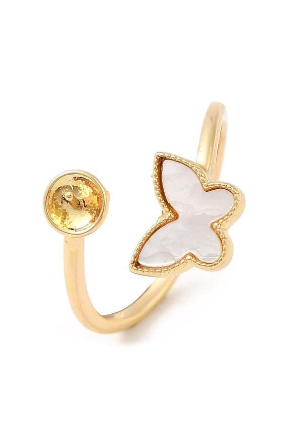 Butterfly Brass with Shell Open Cuff Ring Component Ring Settings For Half-drilled Beads Real 18K golden Plated US Size 8 1/4(18.3mm) Pin: 0.8mm Butterfly: 8x10mm