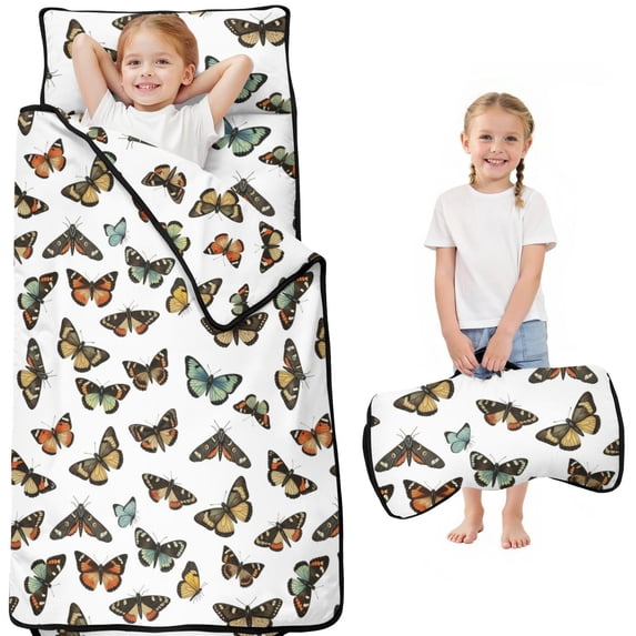 Oramge Pattern Butterfly and Brown Orange Pattern Kids Nap Mat, Daycare Sleep Mat with ...