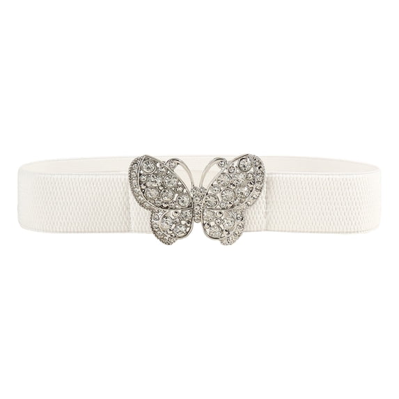 Butterfly Buckle Elastic Belt,Diamond Waistband,Jeans Dress Fashion Accessories,Sparkling Rhinestone Butterfly Buckle With Elastic Stretchable Waist Design,Fashion Waist Belt For Jeans Dress,White