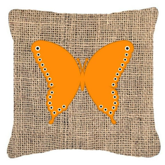 Butterfly Burlap And Orange Fabric Decorative Pillow