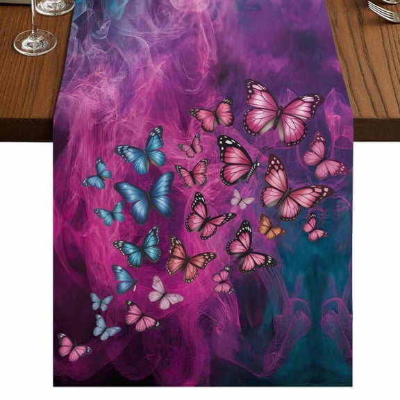 Butterfly Burlap Cotton Table Runner 13x36 Inches Short, Purple Blue Fantasy Dream Butterflies Abstract Farmhouse Table Runners, Outdoor Dining Tablecloths Decor for Baby Shower/Party/Wedding