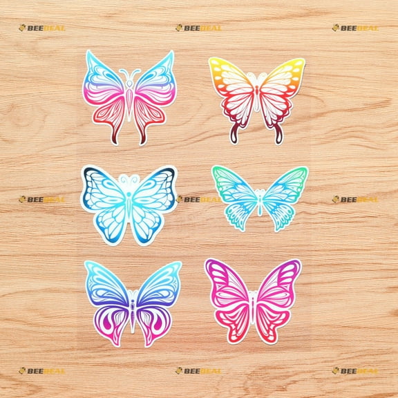 Butterfly Butterflies Colorful Vinyl Decal Sticker Paper Cutting Style - 6 Types Glossy, 3 Inches Each - for Car Laptop Window Cup Phone